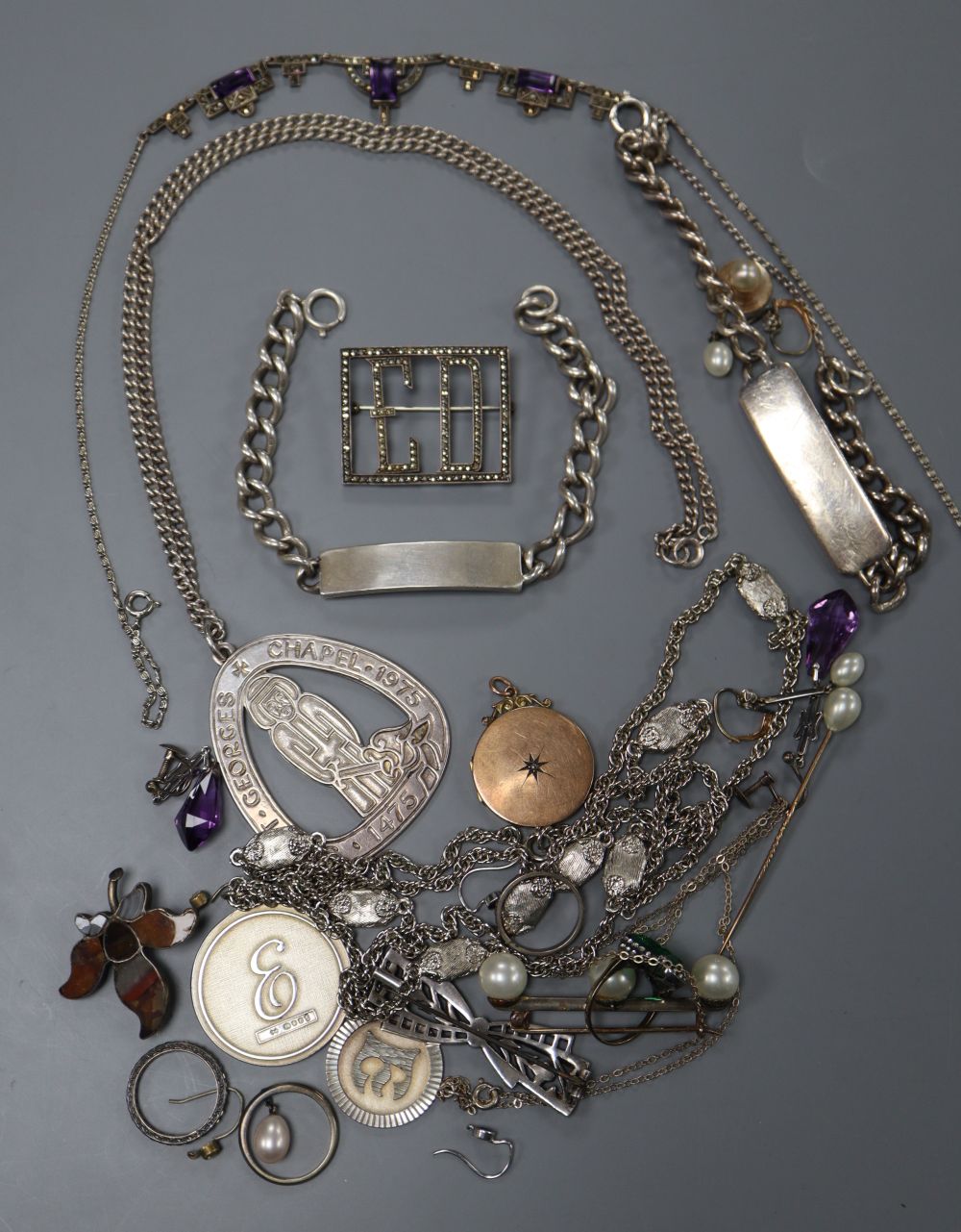 A Group of assorted marcasite jewellery including Art Deco necklace, two silver identity bracelets etc.